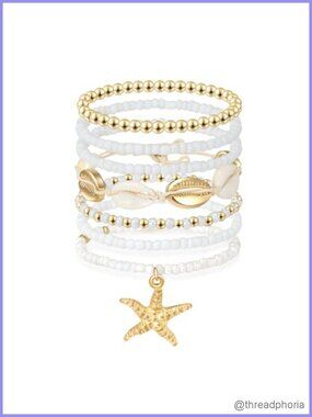 Summer Beach Bracelet Set 5 Pack Clay Bead Shell Starfish Stretch Stackable Boho